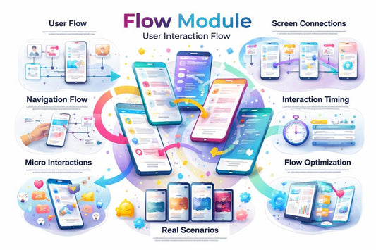 Flow module diagram with smartphone screens and interaction flow elements.