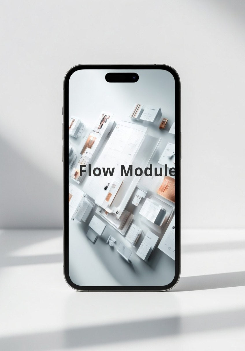 Phone displaying an image of a 'Flow Module' on a white background