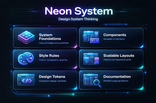 Neon System design system thinking diagram with various components on a dark background