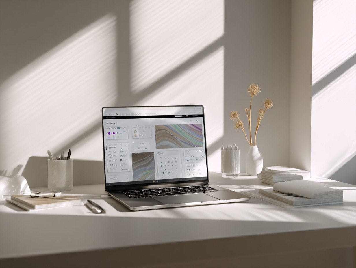 Laptop on a desk with a minimalistic setup in a bright room