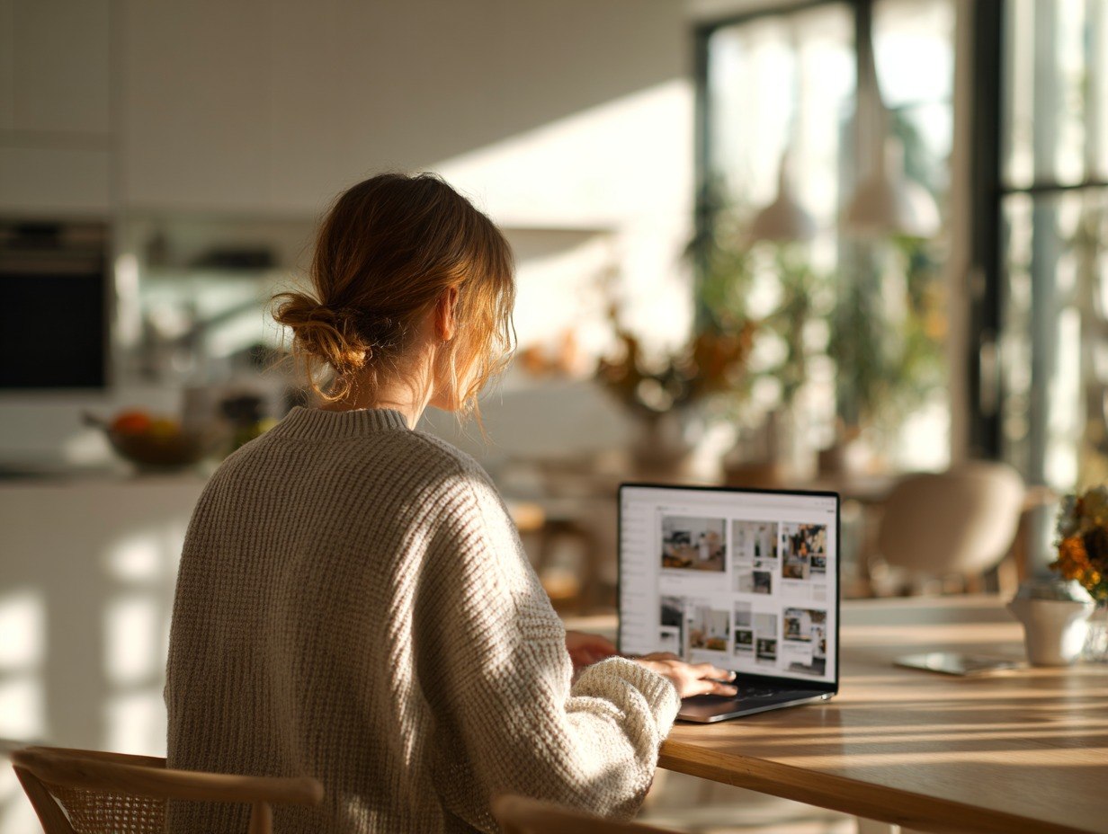 Person sitting at a table using a laptop in a bright room with natural light.