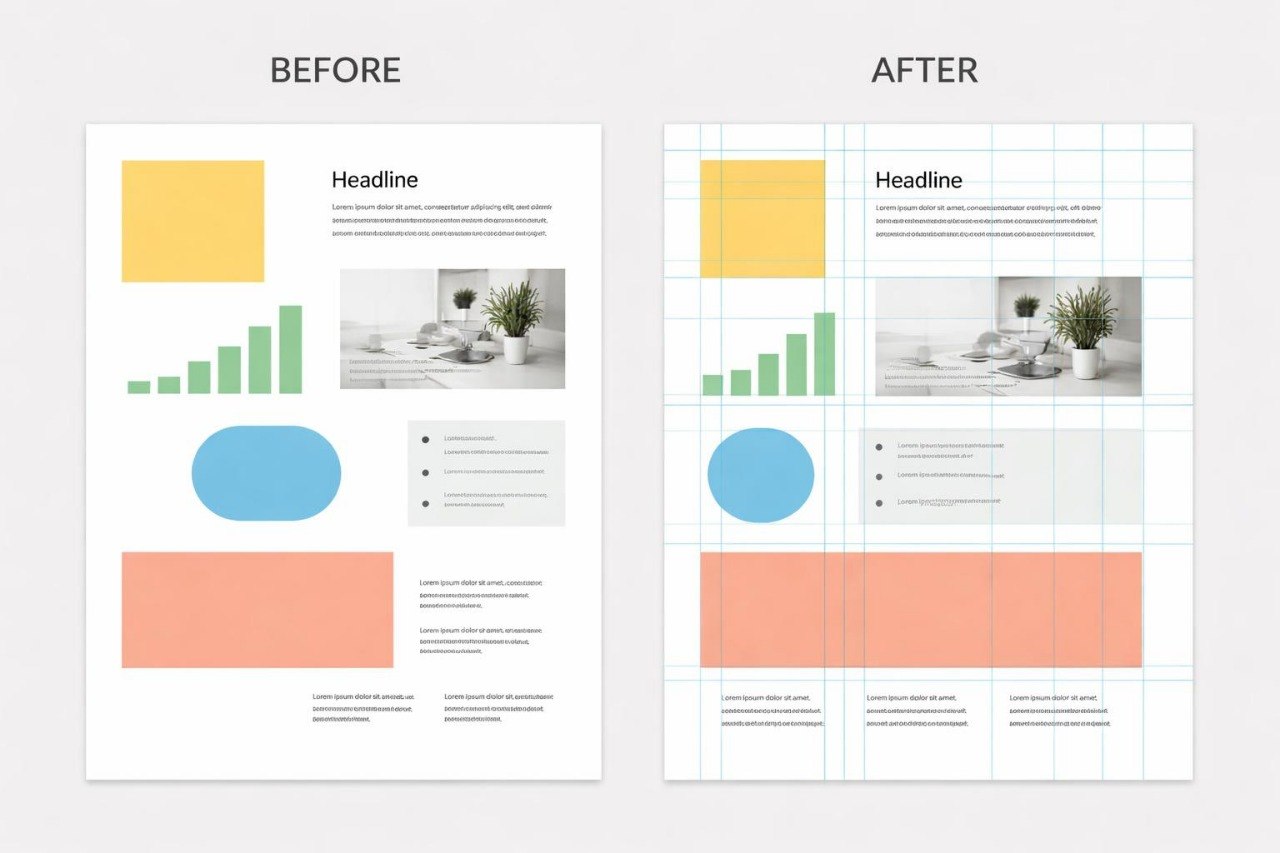 Before and after comparison of a website layout design with color swatches.