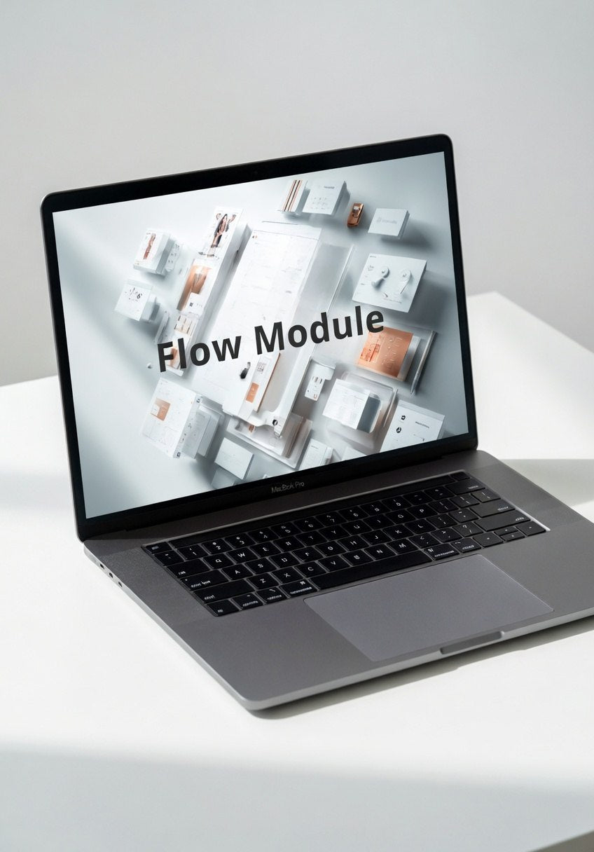Laptop displaying a 'Flow Module' on a white surface