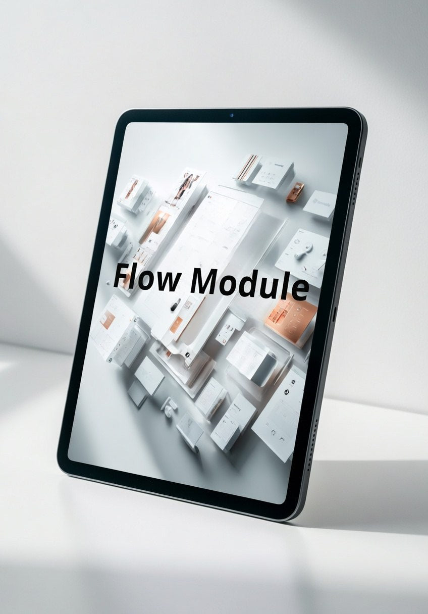 Tablet displaying a design software interface with 'Flow Module' text on a white background