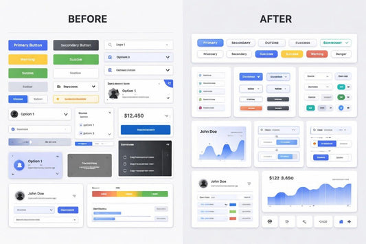 Before and after comparison of a user interface design with various elements.