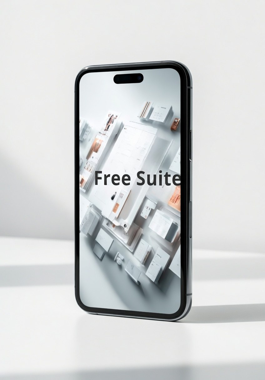 Phone displaying 'Free Suite' on a white background