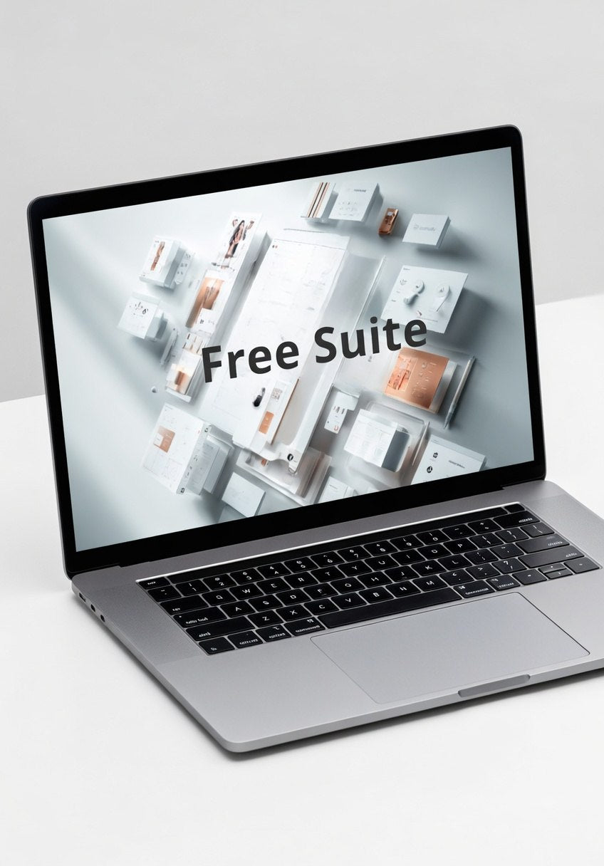 Laptop displaying 'Free Suite' on a white background
