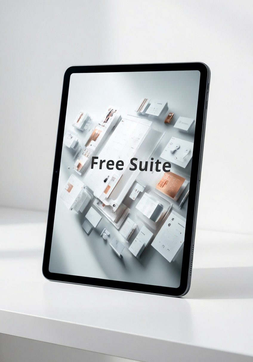 Tablet displaying a product layout with 'Free Suite' text on a white background