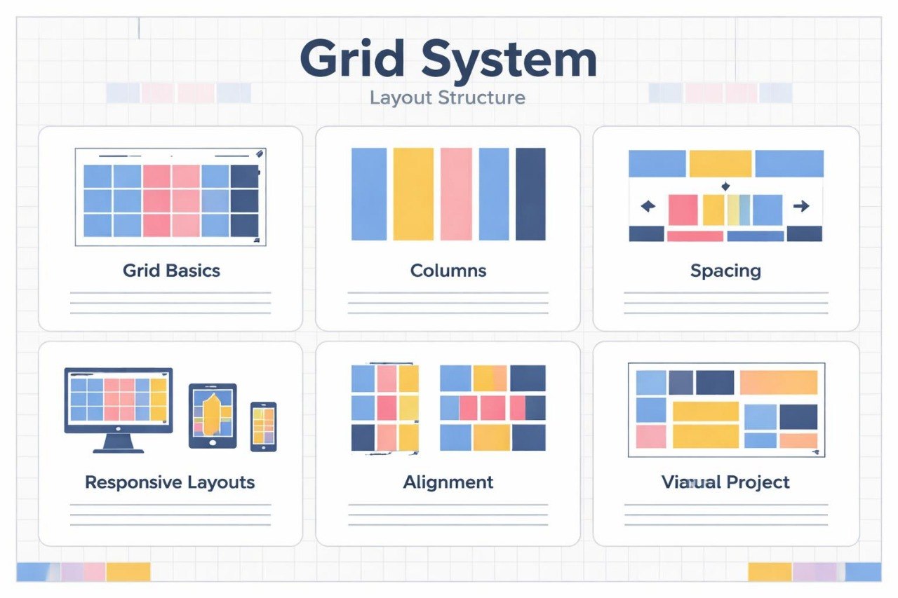 Grid system layout structure with various design elements on a white background