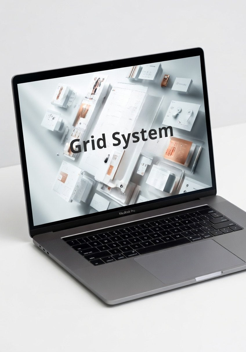 Laptop displaying a grid system on a white background