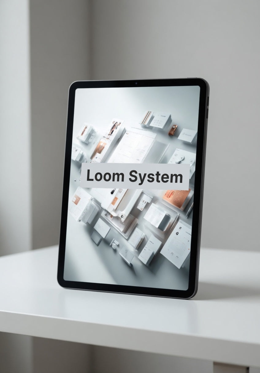 Tablet displaying 'Loom System' on a white surface with a light gray background