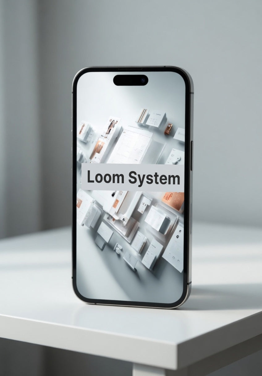 Phone displaying 'Loom System' on a white surface with a gray background