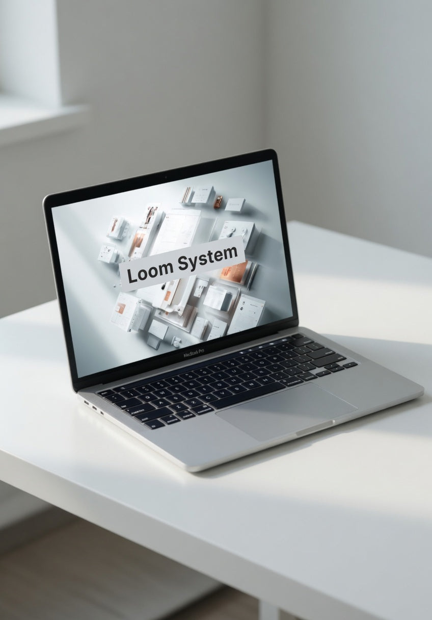 Laptop on a white desk displaying a 'Loom System' screen.