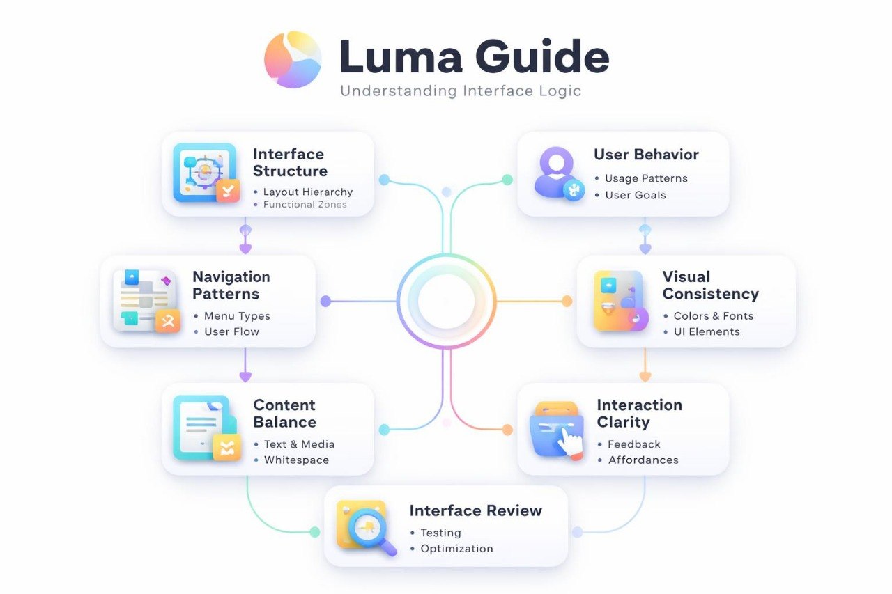 Luma Guide diagram on interface design principles with colorful icons and text.
