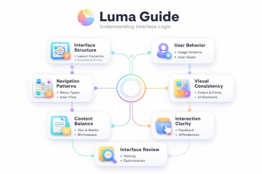 Luma Guide diagram on interface design principles with colorful icons and text.