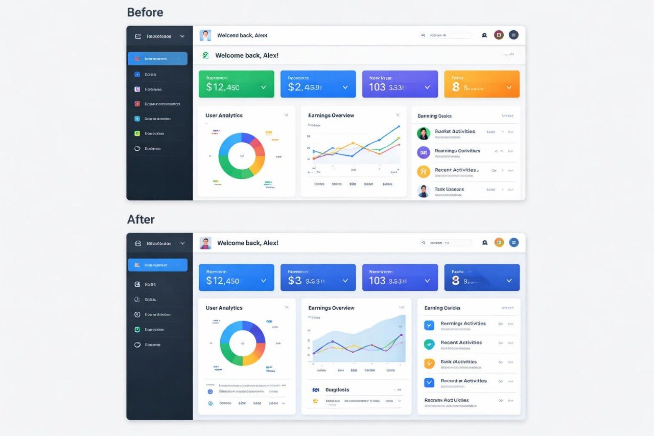Before and after comparison of a user interface design with colorful graphs and statistics.