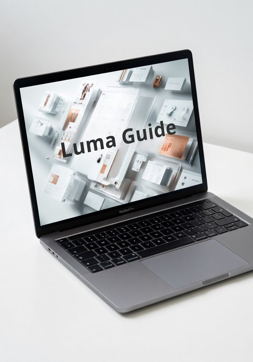 Laptop displaying 'Luma Guide' on a white surface