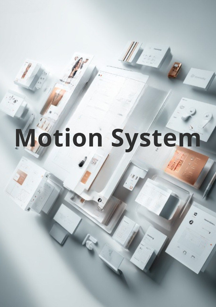 Collection of electronic components and devices arranged in a circular pattern on a light gray background with 'Motion System' text.
