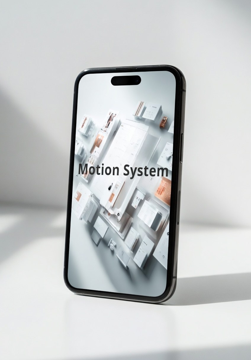 Phone displaying an app with 'Motion System' on a white background