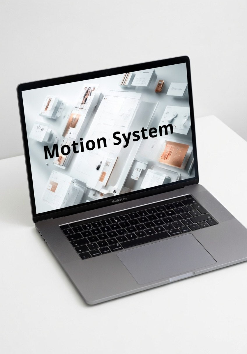 Laptop displaying a screen with 'Motion System' and product images on a white background
