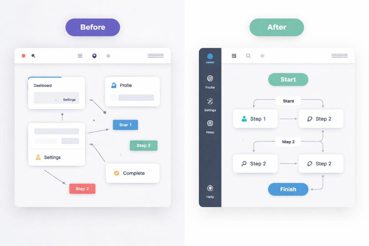 Before and after comparison of a user interface design on a white background