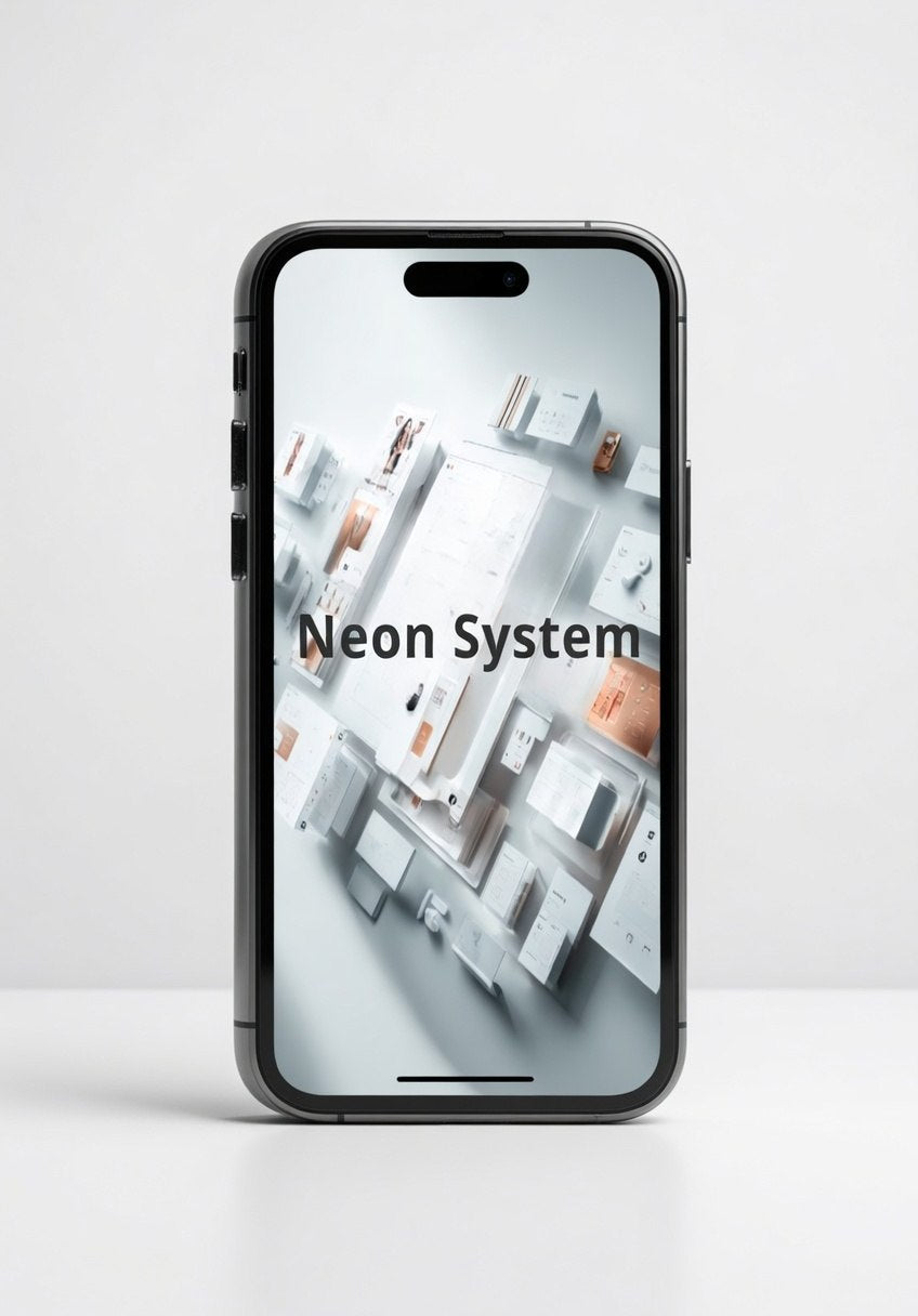 Phone displaying an app interface with 'Neon System' on a white background
