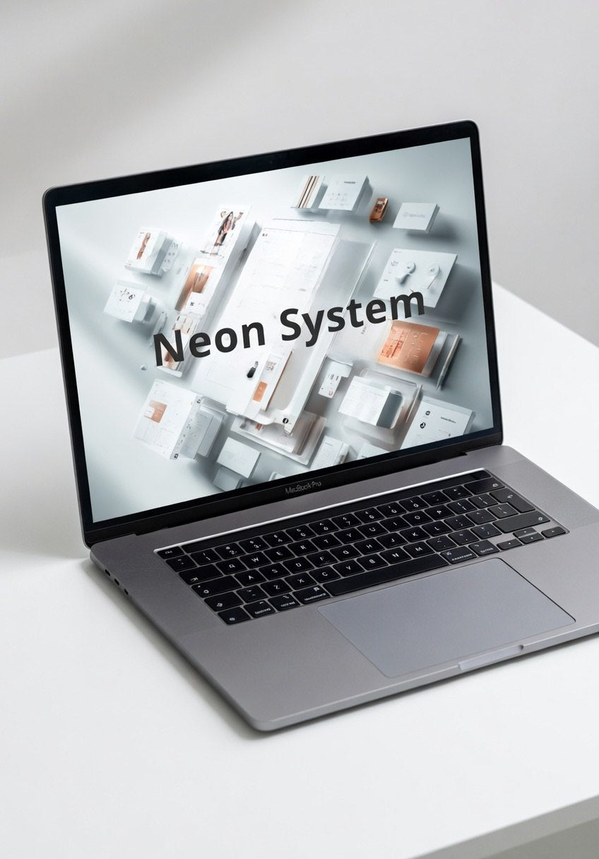 Laptop displaying 'Neon System' on a white surface