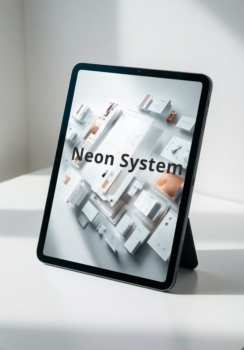 Tablet displaying 'Neon System' on a white surface