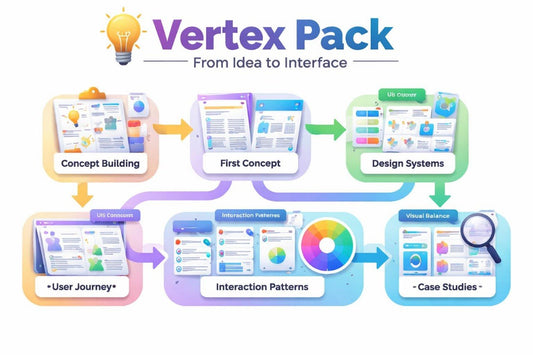 Diagram of the Vertex Pack process from idea to interface with colorful icons and text.