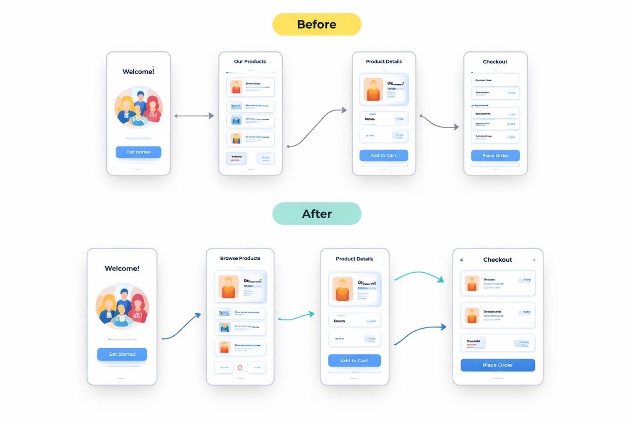 Before and after comparison of a mobile app user flow on a white background