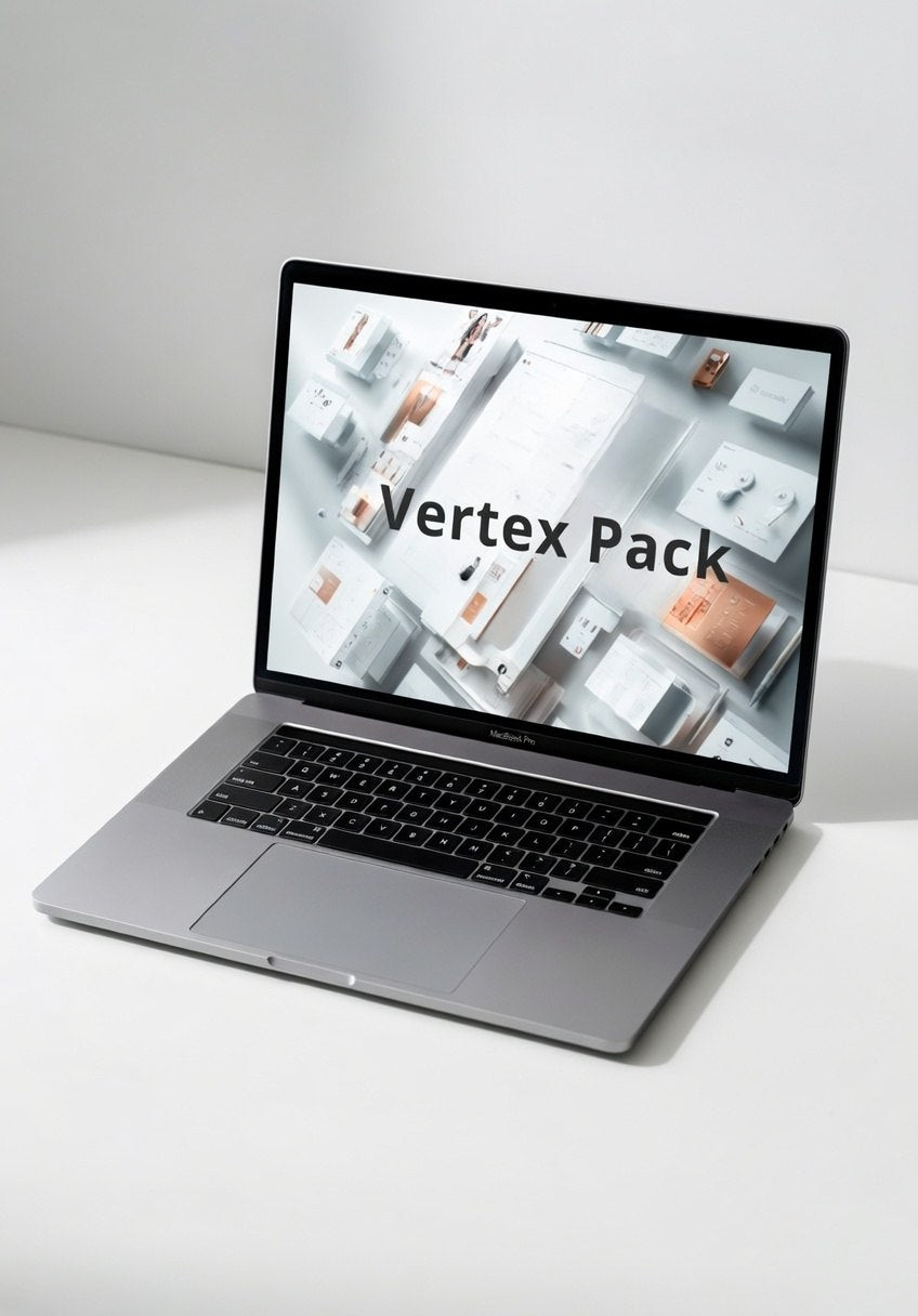 Laptop displaying 'Vertex Pack' on a white surface