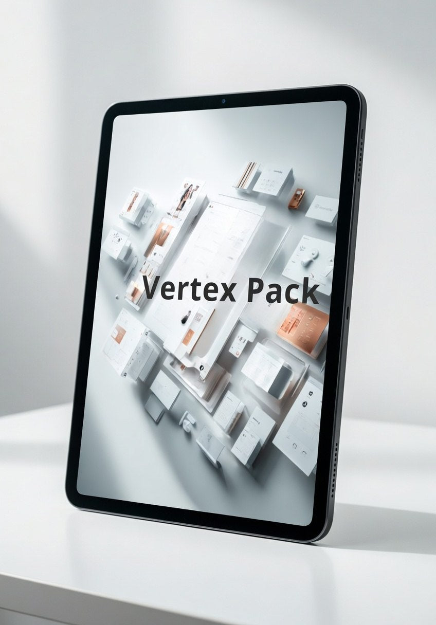 Tablet displaying a 'Vertex Pack' on a white surface with a light gray background